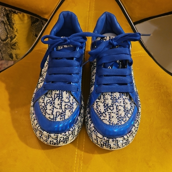 Not Branded Other - Christian Dior Like Royal Blue Patterned Lace-Up Sneakerswith CD logo